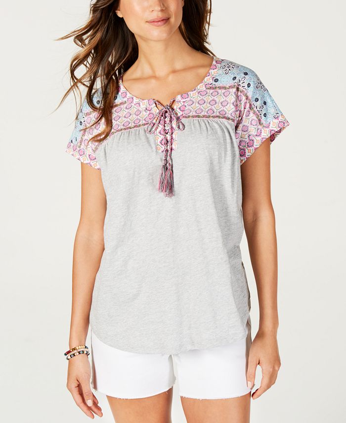 Style & Co Women's Printed Lace up Top Gray Size -Petite S