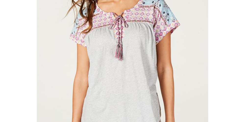Style & Co Women's Printed Lace up Top Gray Size -Petite S