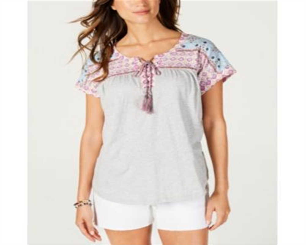 Style & Co Women's Printed Lace up Top Gray Size -Petite S