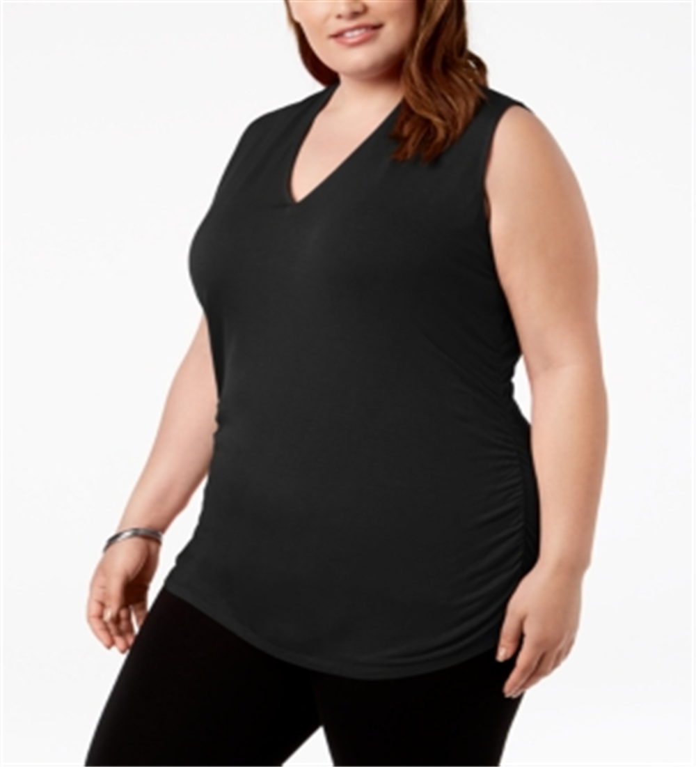 INC International Concepts Women's Plus Ruched V Neck Tank Top Black Size M
