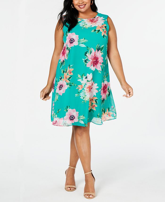 Jessica Howard Women's Floral Sleeveless Jewel Neck Above the Knee Trapeze Dress Green Size 16W