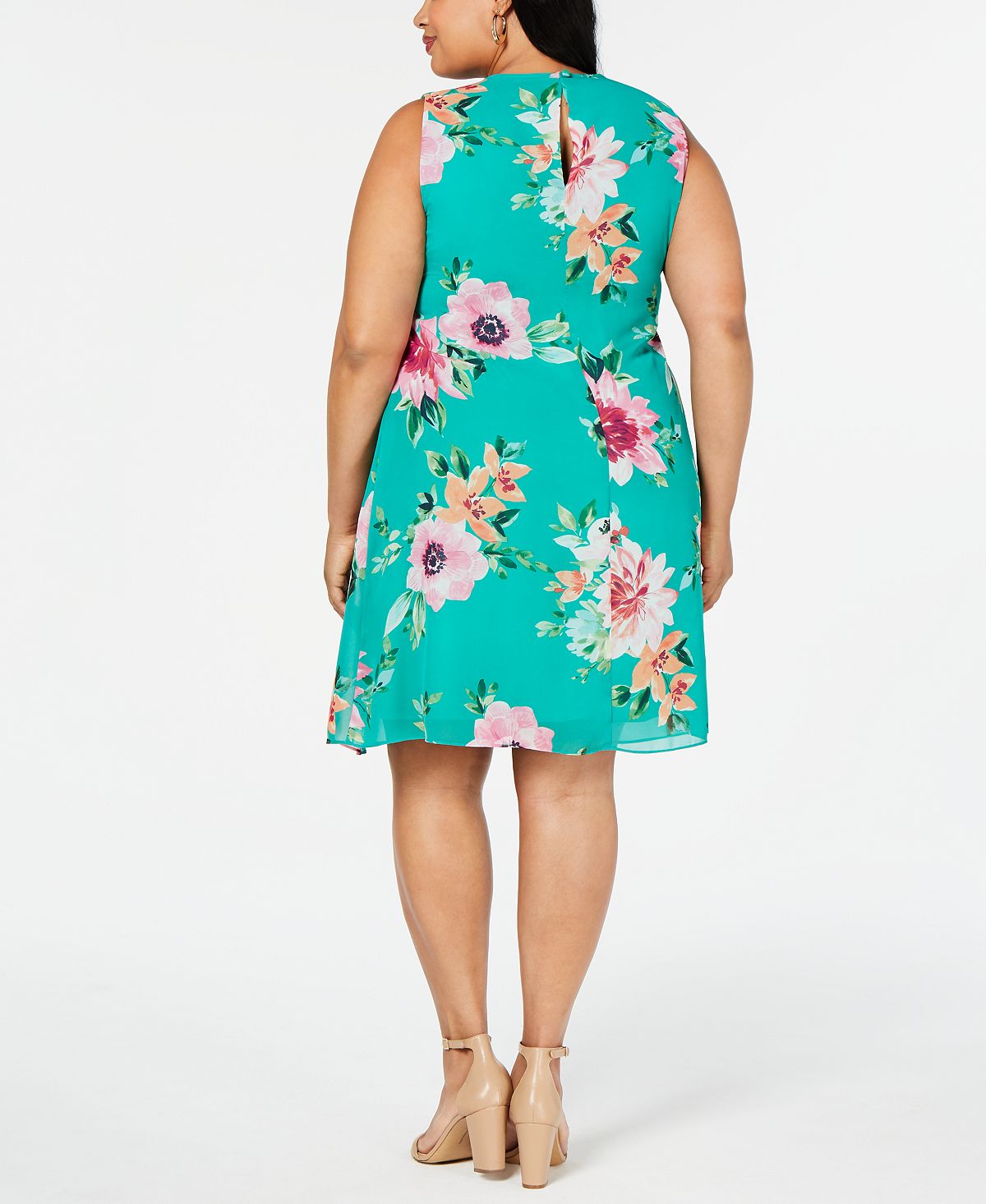 Jessica Howard Women's Floral Sleeveless Jewel Neck Above the Knee Trapeze Dress Green Size 16W