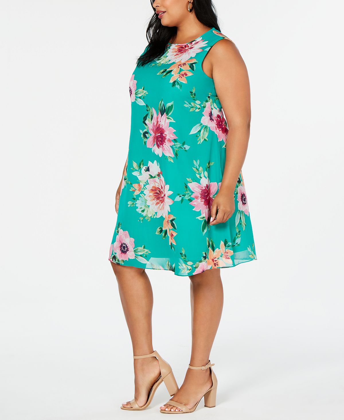 Jessica Howard Women's Floral Sleeveless Jewel Neck Above the Knee Trapeze Dress Green Size 16W