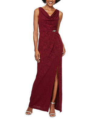 Alex Evenings Women's Embellished Glitter Sleeveless Cowl Neck Full Length Formal Sheath Dress Wine Size 14 Petite
