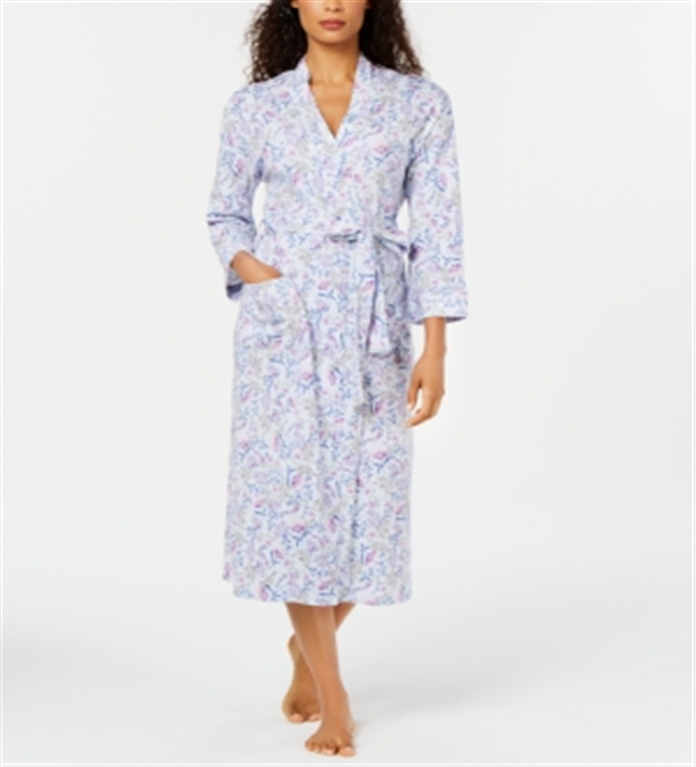Charter Club Women's Printed Cotton Long Knit Robe White Size XS