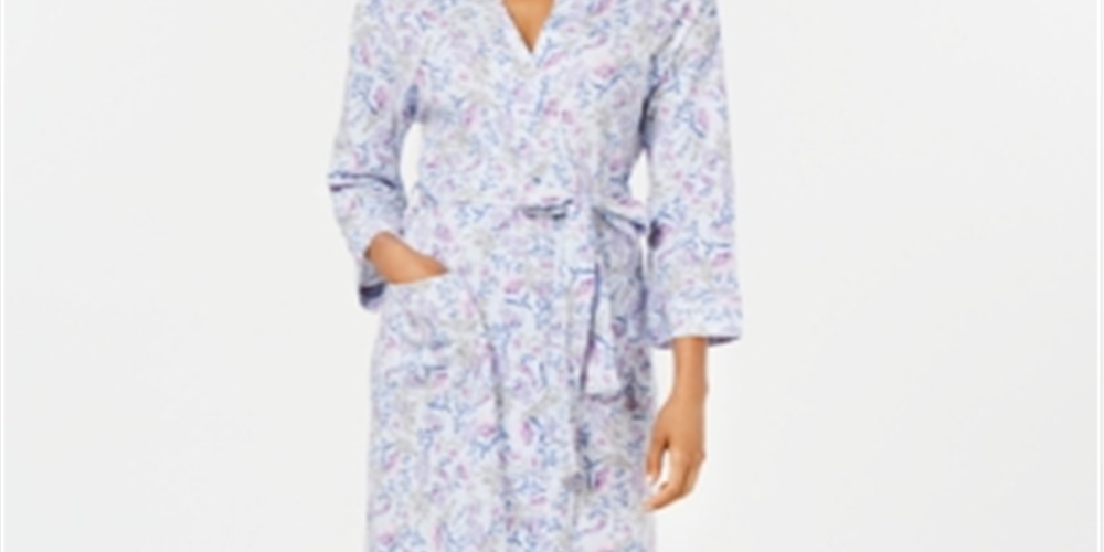 Charter Club Women's Printed Cotton Long Knit Robe White Size XS