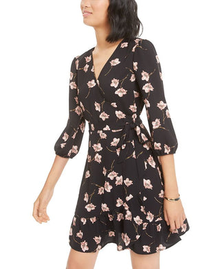 Bar III Women's  Floral-Print Wrap Dress Black Size S