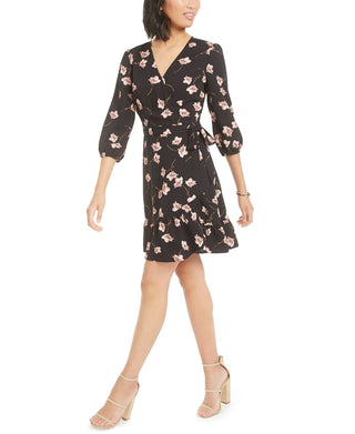 Bar III Women's  Floral-Print Wrap Dress Black Size S