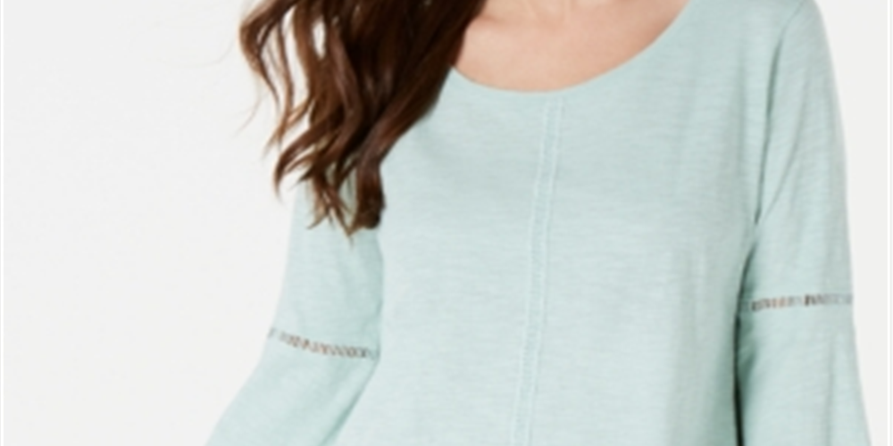 Style & Co Petite Crochet-Trim Bell-Sleeve Top Green Size Petite P