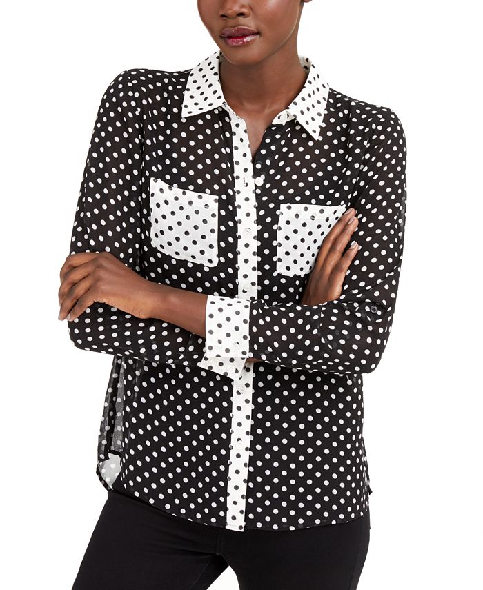 INC Women's Colorblock Polka Dot Button-Down Top Black Size Large