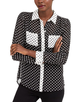 INC Women's Colorblock Polka Dot Button-Down Top Black Size Large