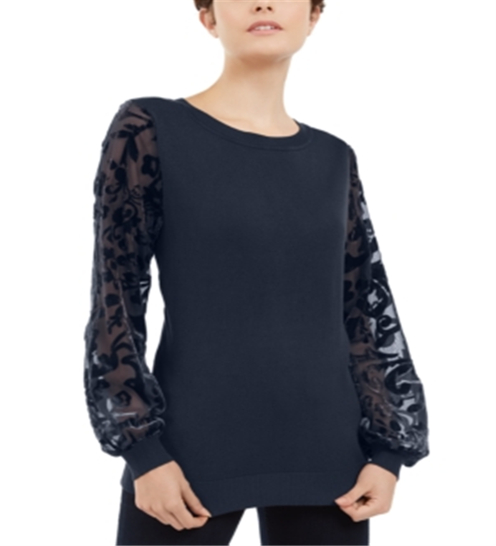 INC International Concepts Women's Velvet Burnout Sleeve Sweater Blue Size -XS