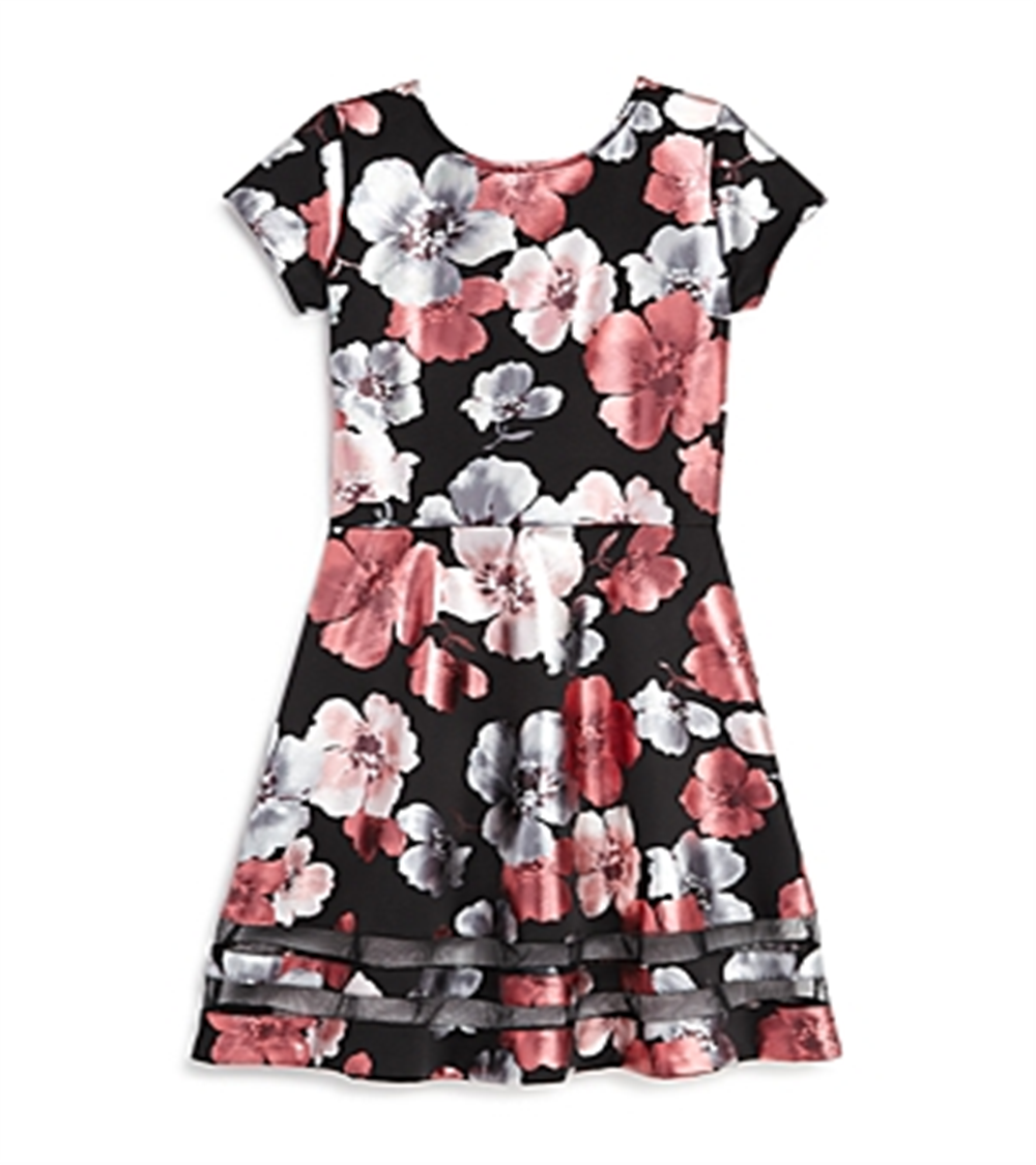 Aqua Girls' Metallic Floral Print Dress Big Kid Black Size Small