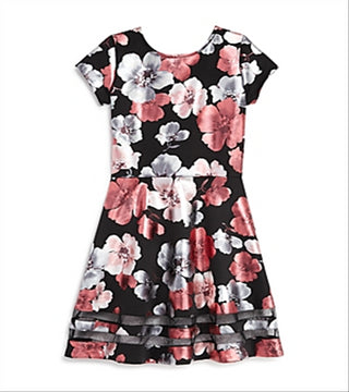Aqua Girls' Metallic Floral Print Dress Big Kid Black Size Small