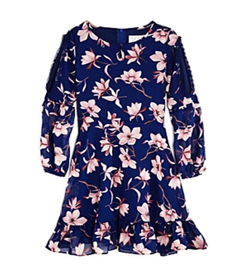 Us Angels Girl's Floral Peekaboo Sleeve Dress Blue Size 16