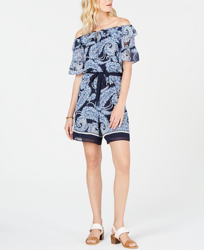 Tommy Hilfiger Women's Paisley Off-the-Shoulder Romper Blue Size 4
