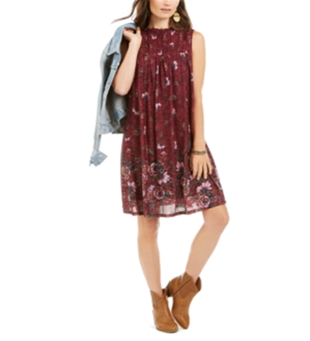 Style & Co Women's Floral Print Smocked Dress Wine Size XL