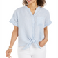 Charter Club Women's Linen Tie Front Button up Shirt Blue Size X-Large