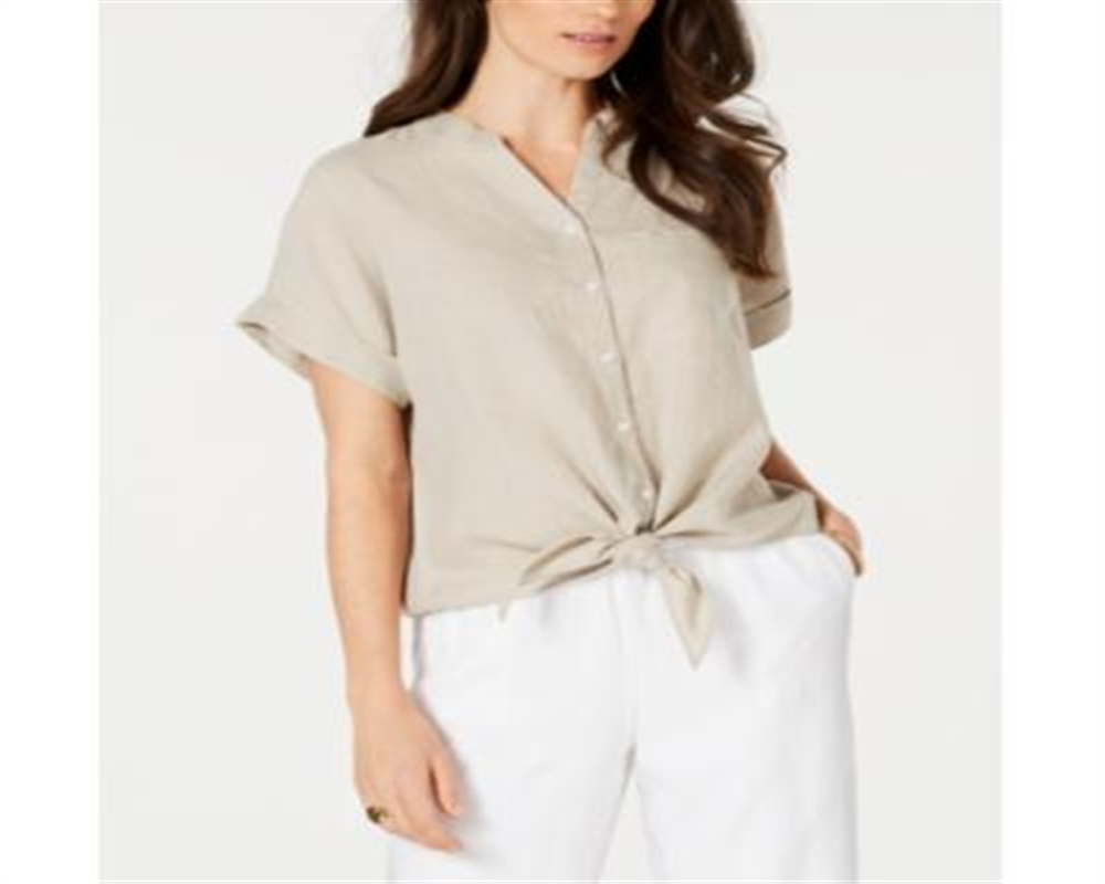 Charter Club Women's  Linen Tie-Front Shirt Brown Size XL