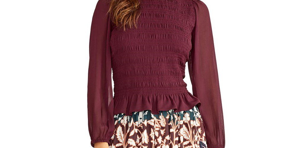 Rachel Roy Women's Smocked Long Sleeve Top Wine Size XS