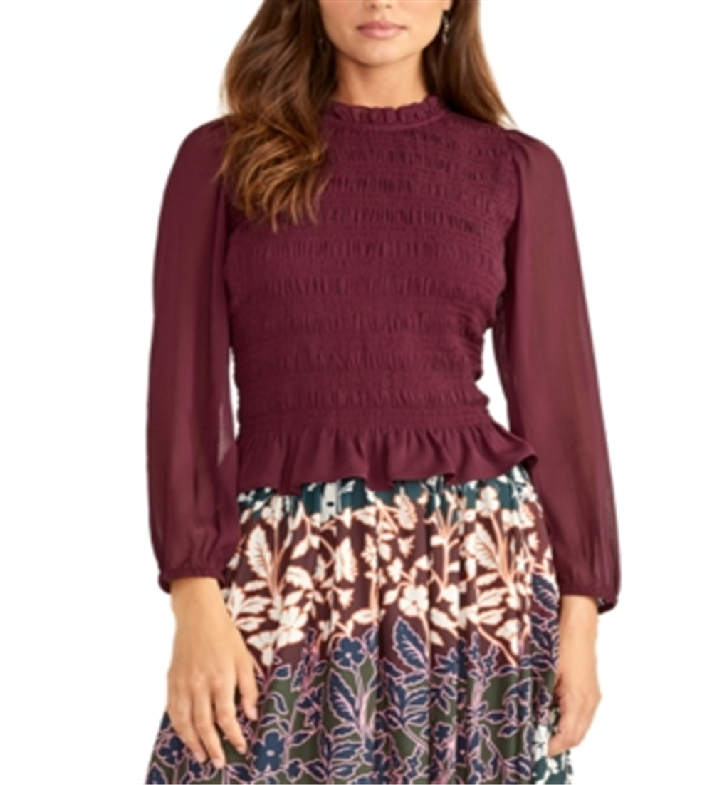 Rachel Roy Women's Smocked Long Sleeve Top Wine Size XS