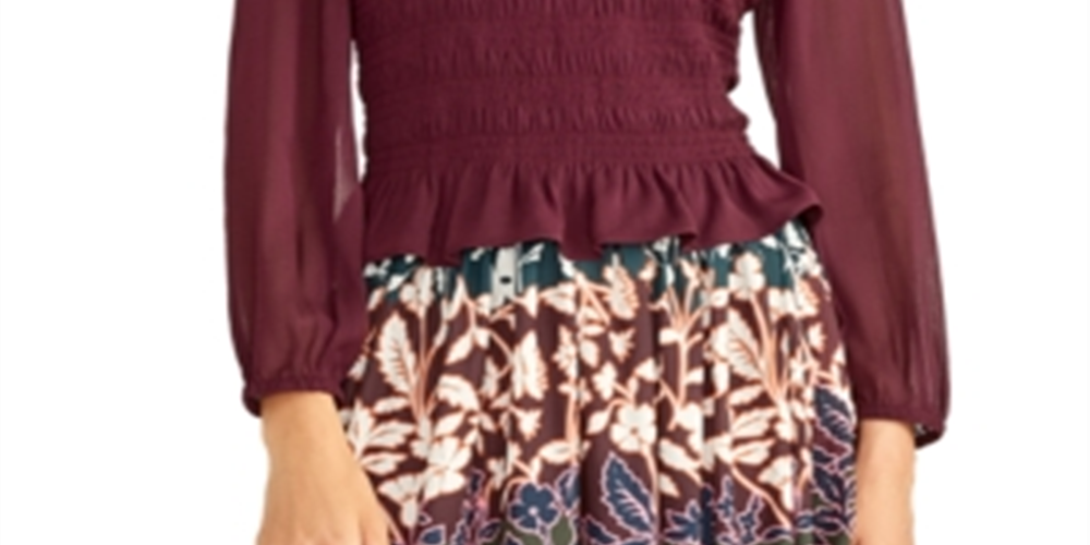Rachel Roy Women's Smocked Long Sleeve Top Wine Size XS