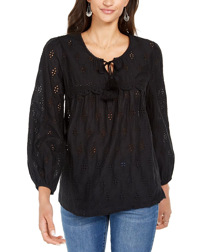 Style & Co Women's Eyelet Tassel Blouse Black Size PP