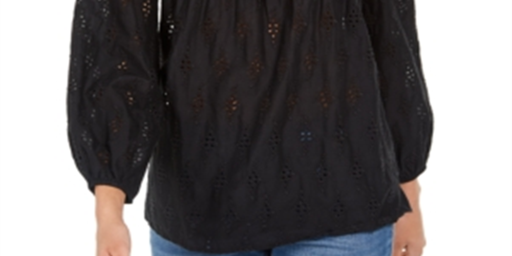 Style & Co Women's Eyelet Tassel Blouse Black Size PP