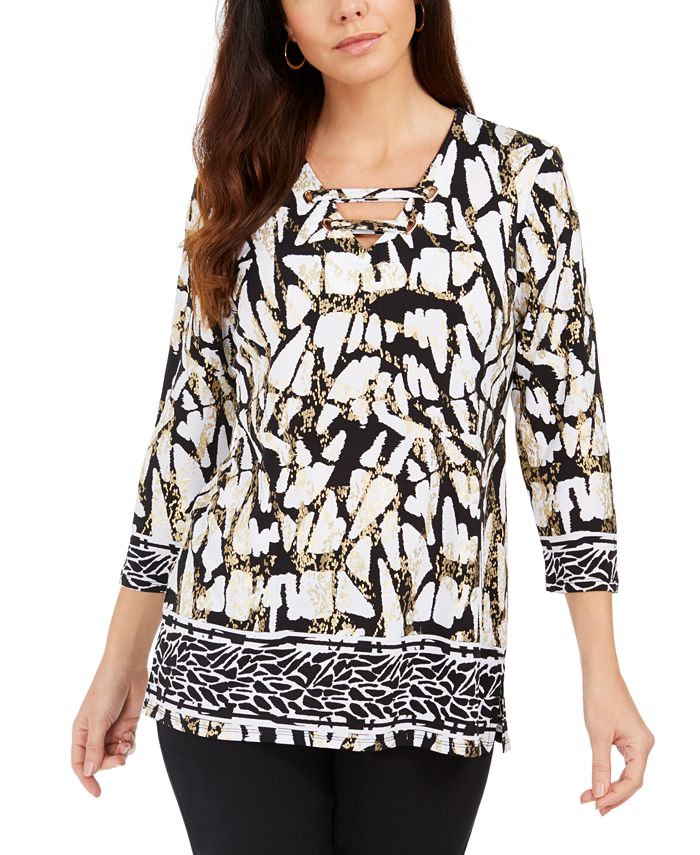 JM Collection Women's Laced Grommet Neck Tunic Top White Multi Size Large