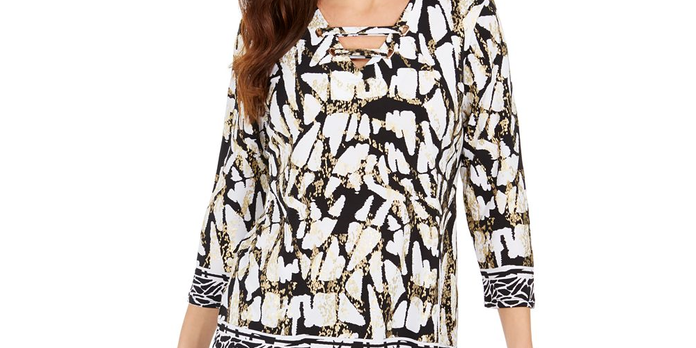 JM Collection Women's Laced Grommet Neck Tunic Top White Multi Size Large