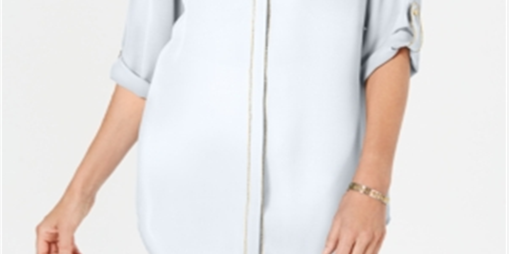 JM Collection Women's Caviar Trim Button up Top Blue Size Medium