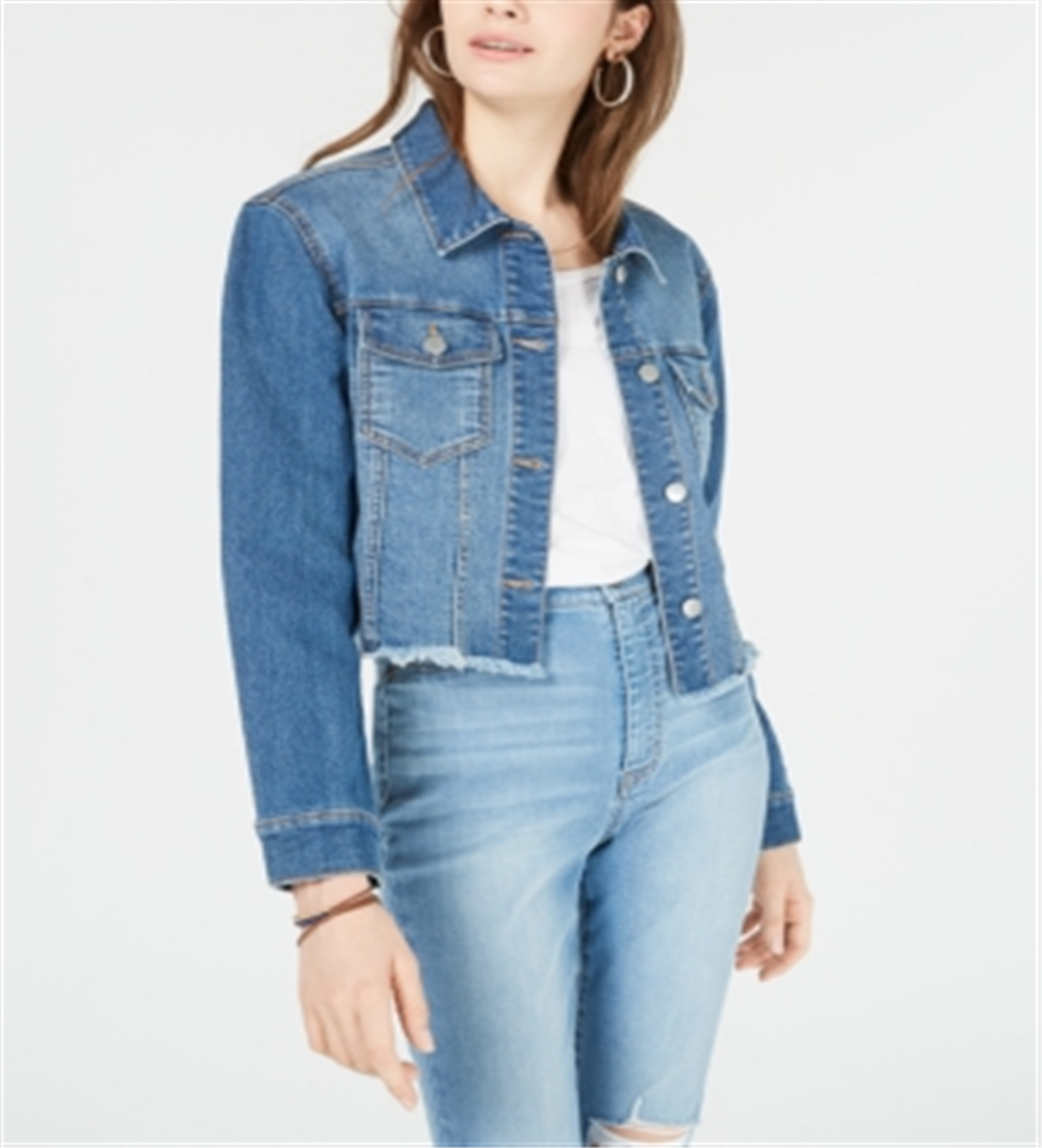 Tinseltown Junior's Cropped Raw Edged Denim Jacket Blue Size X-Small