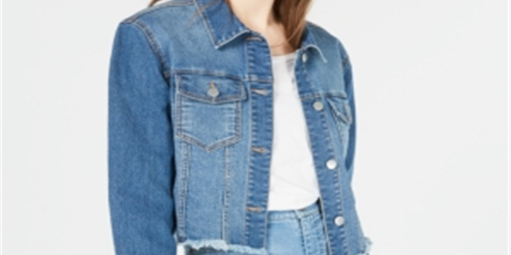 Tinseltown Junior's Cropped Raw Edged Denim Jacket Blue Size X-Small