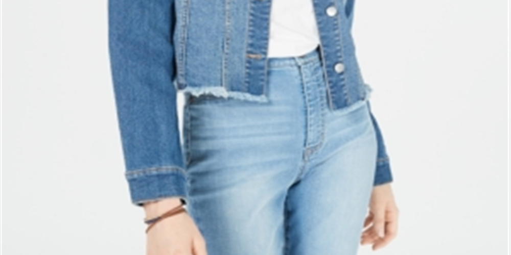 Tinseltown Junior's Cropped Raw Edged Denim Jacket Blue Size X-Small