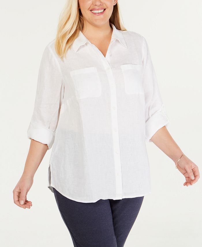 Charter Club Women's Plus Linen Utility Shirt White Size 1X