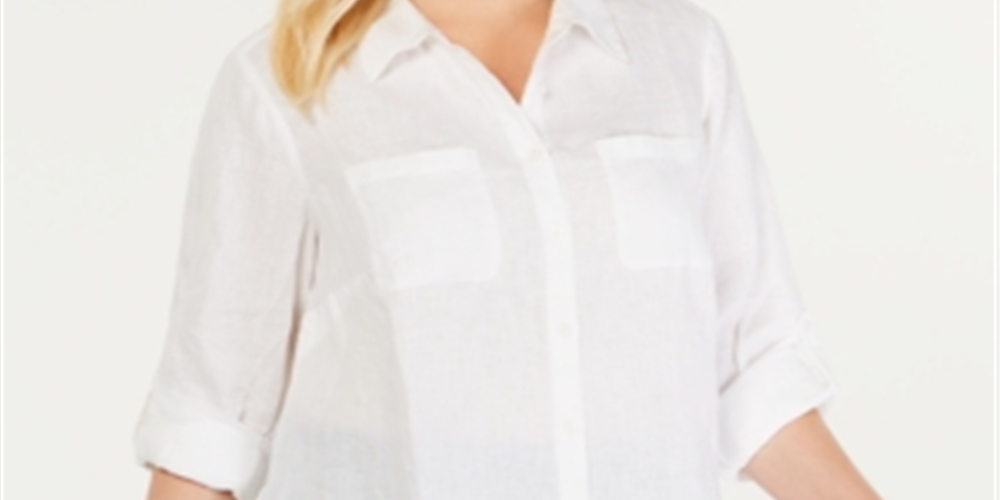 Charter Club Women's Plus Linen Utility Shirt White Size 1X