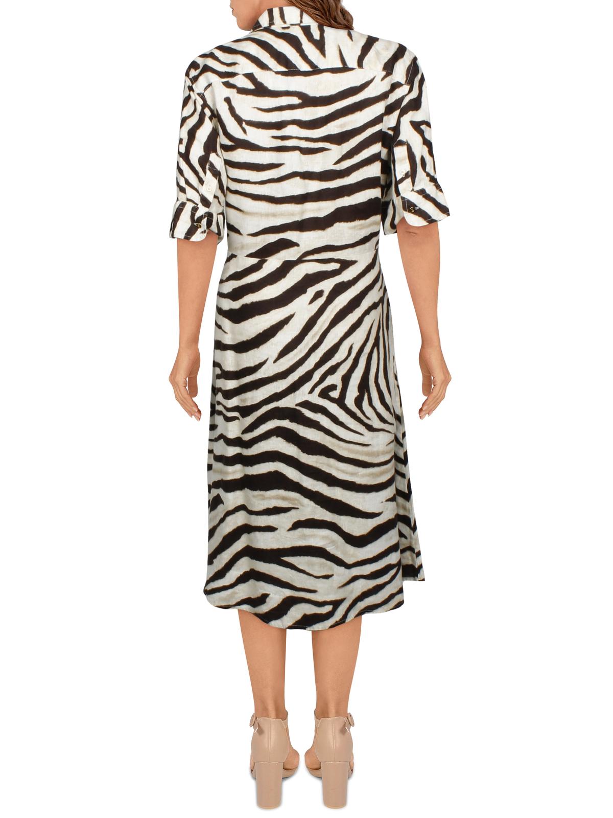 Ralph Lauren Women's Tie Waist Animal Print Short Sleeve V Neck Knee Length Sheath Dress Brown Size 16