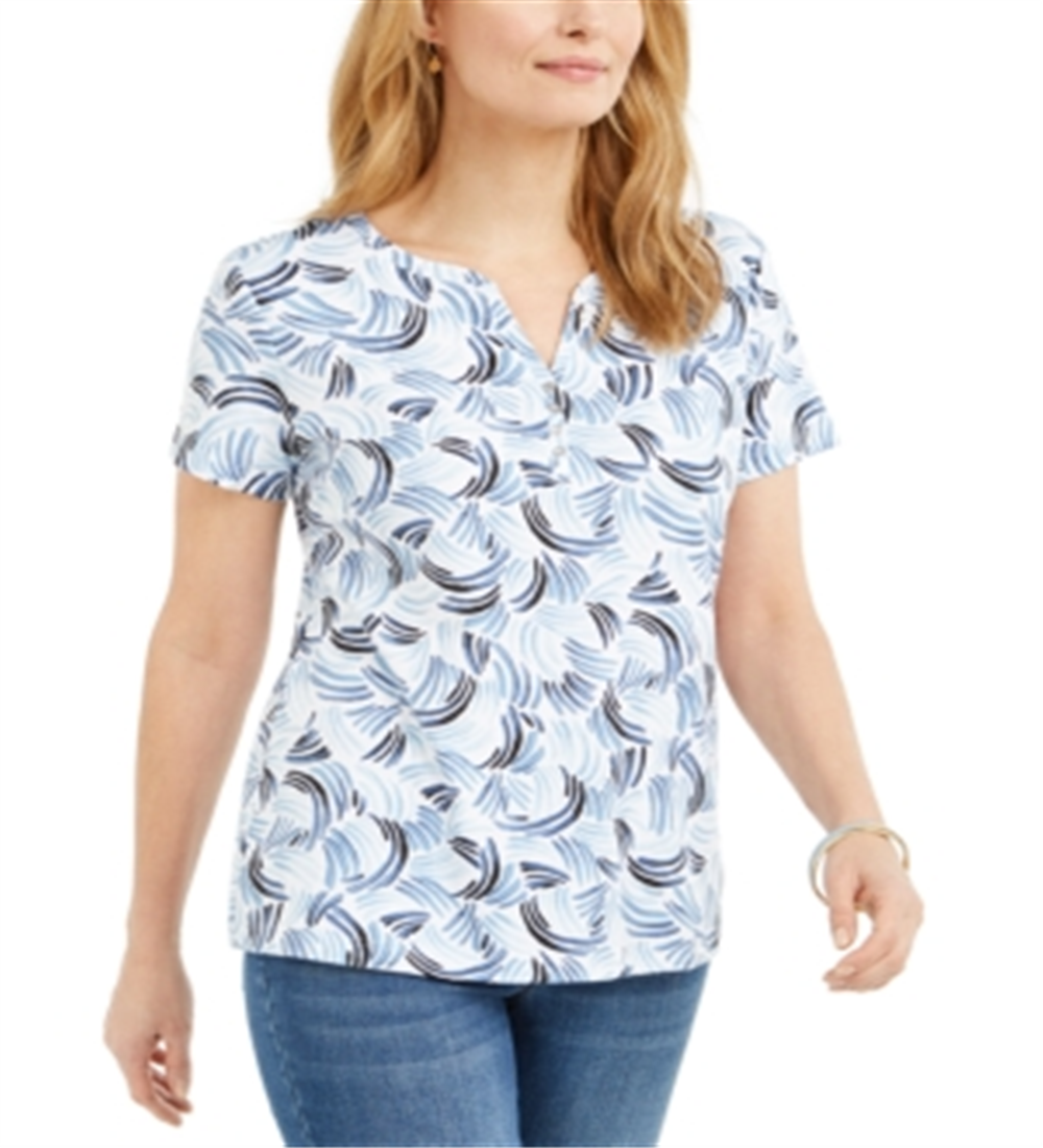 Karen Scott Women's Printed Henley Top  Blue Size XS
