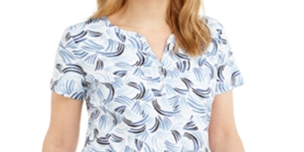 Karen Scott Women's Printed Henley Top  Blue Size XS
