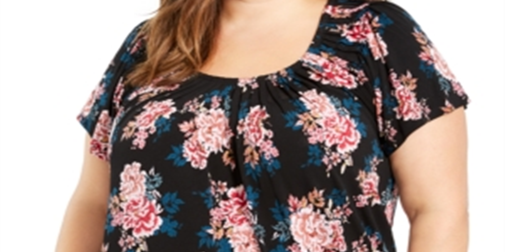 Style & Co Women's Plus Print Pleated Neck Top Black Size 0X