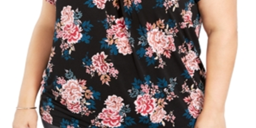 Style & Co Women's Plus Print Pleated Neck Top Black Size 0X