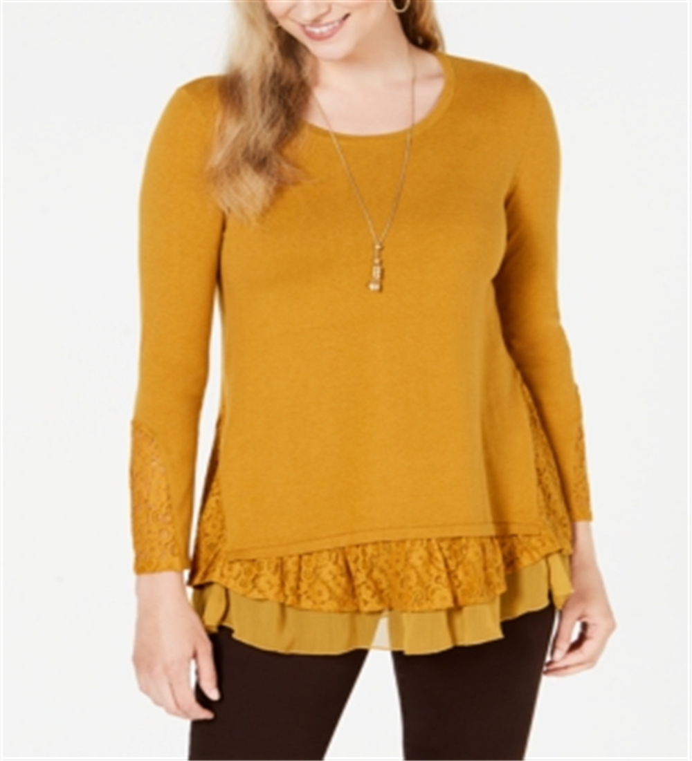 Style & Co Women's Sheer Lace Layered Long Sleeve Scoop Neck Tunic Top Yellow Size Small