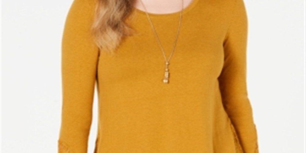 Style & Co Women's Sheer Lace Layered Long Sleeve Scoop Neck Tunic Top Yellow Size Small