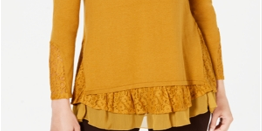 Style & Co Women's Sheer Lace Layered Long Sleeve Scoop Neck Tunic Top Yellow Size Small