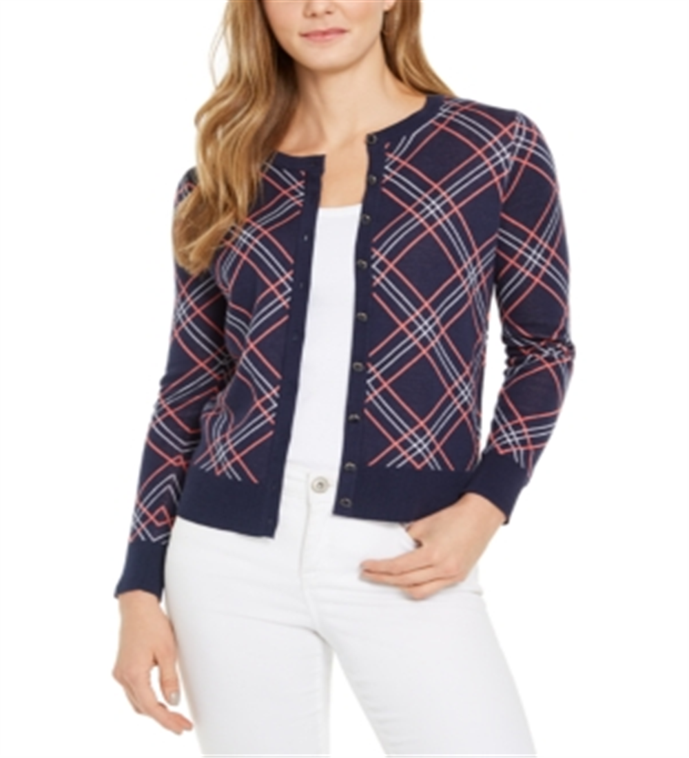 Charter Club Women's Plaid Cardigan Sweater Blue Size -XL