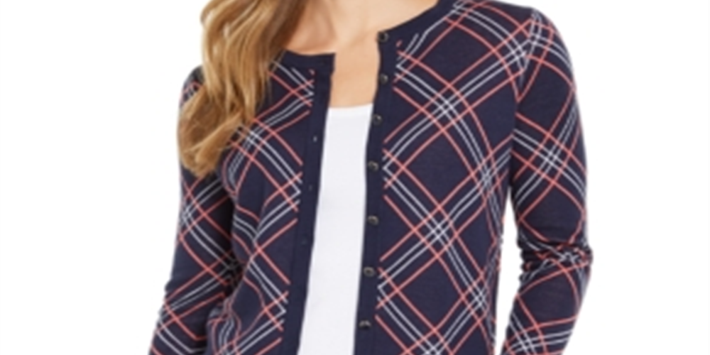 Charter Club Women's Plaid Cardigan Sweater Blue Size -XL