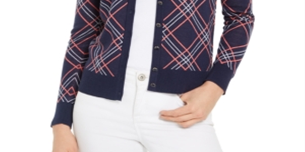 Charter Club Women's Plaid Cardigan Sweater Blue Size -XL