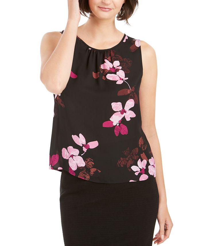 Nine West Women's Floral Printed Ruched Neck Top Black Size X-Large