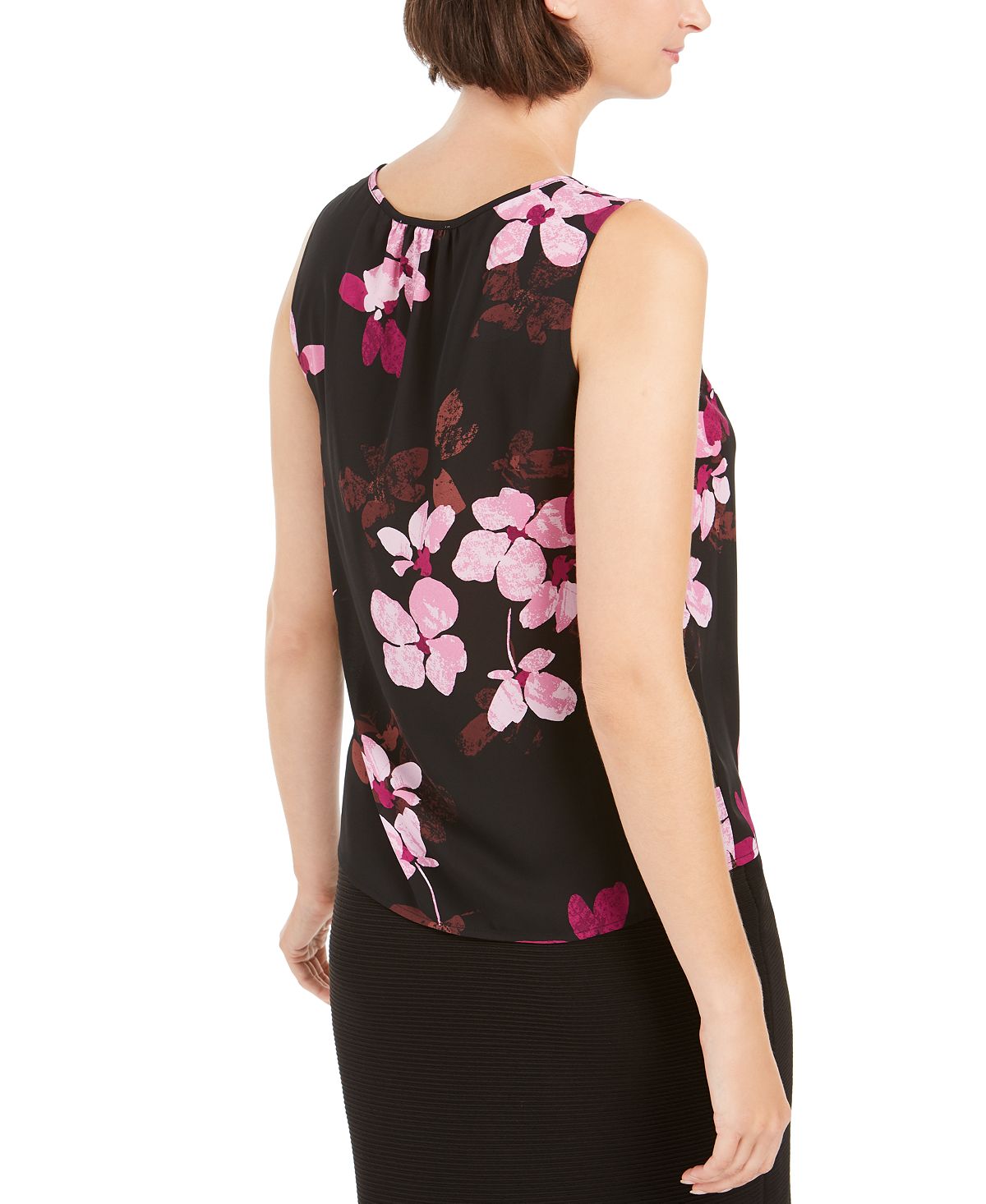 Nine West Women's Floral Printed Ruched Neck Top Black Size X-Large