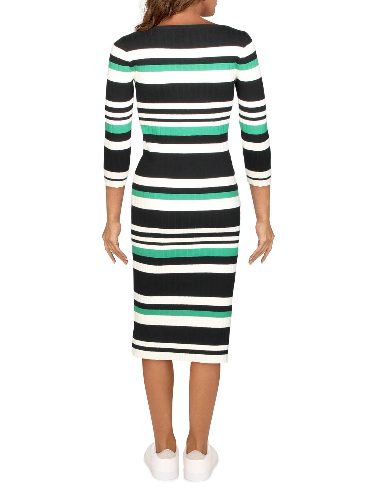 Ralph Lauren Women's Striped 3/4 Sleeve Boat Neck Below the Knee Body Con Dress Green Size Large